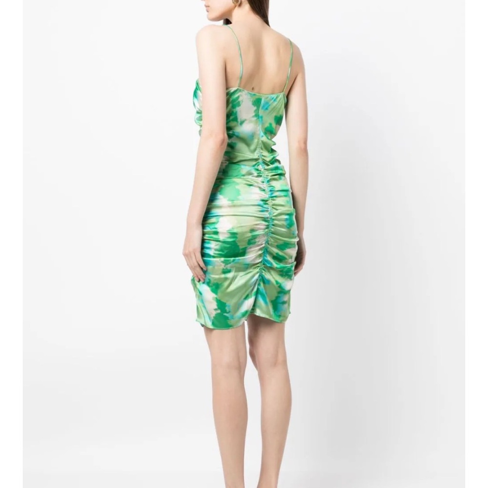 GANNI Silk Stretch Satin Ruched Mini Dress Lily Green Size 44 or US Large - Picture 3 of 16